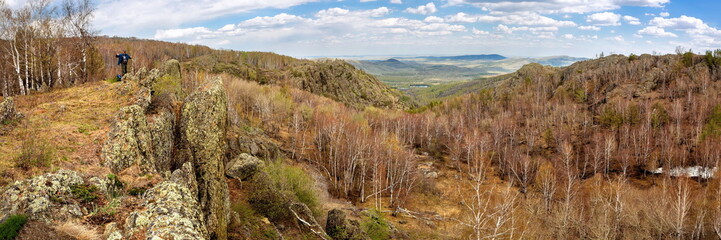 panorama of the iryndyk ridge in the Ural mountains on a spring day