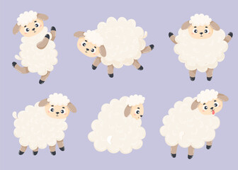 Collection cute farm animals sheep. Vector illustration. Isolated cartoon animals for kids collection, design, decor, cards and printing..