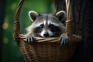 The raccoon sits in a basket and looks at the camera