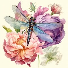 Dragonfly Flower Watercolor Clipart, Watercolor Dragonfly Flower, Generated by AI