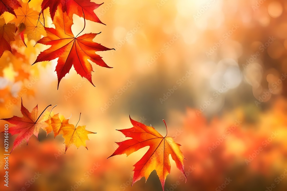 Wall mural web banner design for autumn season and end-year activity with red and yellow maple leaves with soft