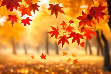 Naklejka na ściany i meble Web Banner design for Autumn season and end-year activity with red and yellow maple leaves with soft focus light and bokeh background, Generative AI