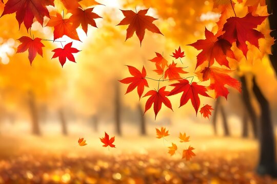 Web Banner design for Autumn season and end-year activity with red and yellow maple leaves with soft focus light and bokeh background, Generative AI