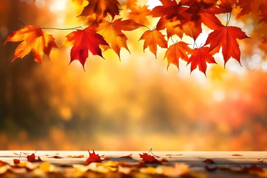 Web Banner design for Autumn season and end-year activity with red and yellow maple leaves with soft focus light and bokeh background, Generative AI