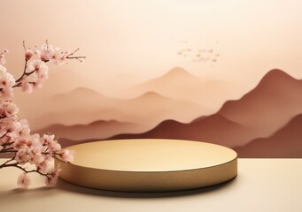 3D background, pink podium display. Sakura pink flower falling. Cosmetic or beauty product promotion step floral, pastel pedestal. Abstract minimal advertise. AI Generative