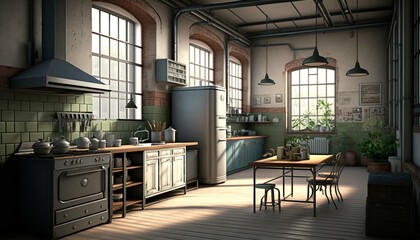 Well equipped industrial interior style kitchen with brick and concrete walls, and a cabinet made of wooden and metal elements