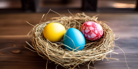 colourful Springtime Easter Egg  in nest on wooden table