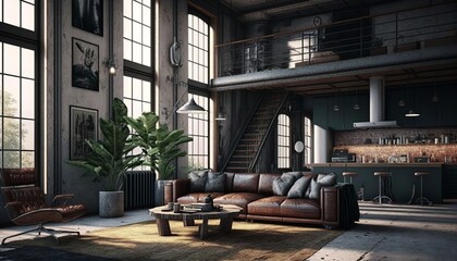 Well equipped industrial interior style spacious living room with brick and concrete walls , leather couch and coffee table