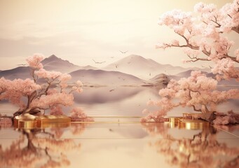 Cherry blossom Sakura flower branch, pink product background with stand, podium pedestal. AI Generative