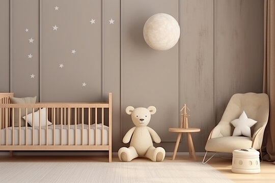 3d render of children room interior with crib and teddy bear