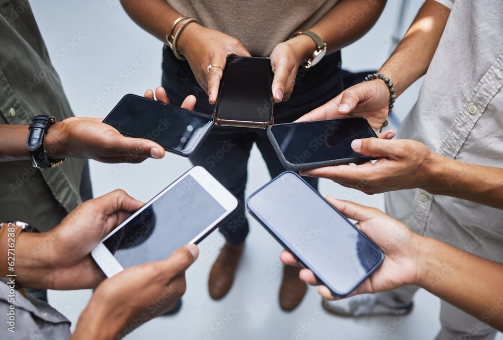 Poster Group, mockup phone screen and circle of people with mobile app, multimedia network and contact from above. Closeup, hands and team with smartphone technology, digital download and sharing UI data