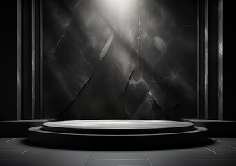 Round pedestals, black marble cylinder, leaves. Sculptural composition for creative advertising. Empty podium, base for product promotion. Luxury Black dark golden mockup. AI Generative.
