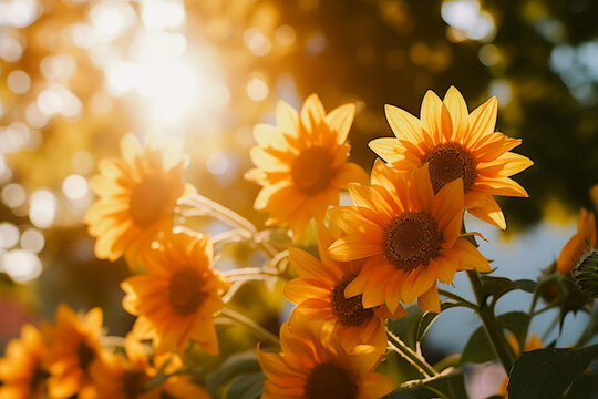 Summer bright sunshine and shining sunflowers