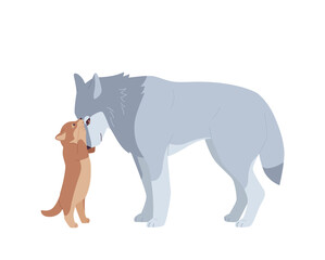 Parents and baby animals. The baby wolf is hugging the mother wolf's face.