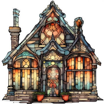 Vintage Stained Glass House Sublimation Clipart, Generated By AI