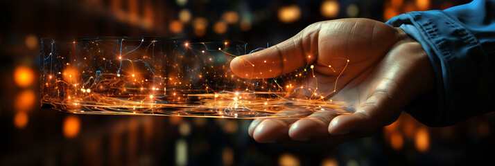 Hand touching a knowledge graph, virtual reality, metaverse, network, video wall generative ai