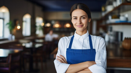 Portrait of female waitress in blue apron at café and restaurant.