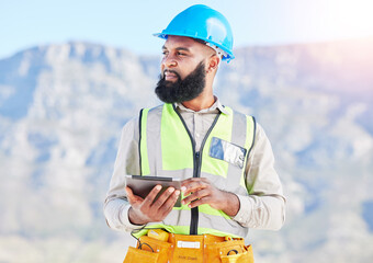 Black man, architect and thinking with tablet in city for construction planning, vision or rooftop installation. African male person, engineer or contractor with technology in wonder for architecture