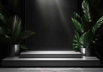 3d render of black and white marble pedestal podium on background. abstract minimal concept decorate with plant, blank space luxury minimal clean design 3d product present mockup. AI Generative.