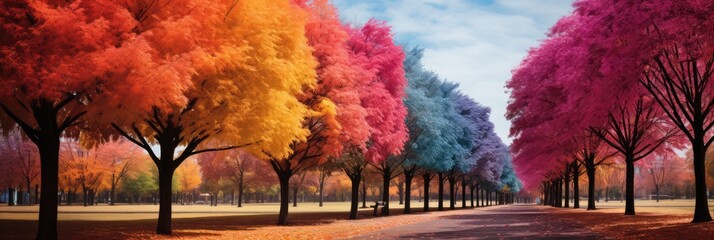 Colorful Row Of Trees In A Park. Beautiful Park Scenes, Diversity Of Tree Types, Colorful Seasonal Palettes, Park Maintenance Tips, Health Benefits Of Trees - obrazy, fototapety, plakaty