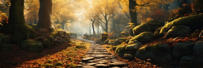 Enchanting Forest Path With Fallen Leaves.