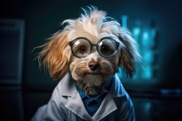 Funny Dog Wearing A Quirky Scientists Lab Coat And Glasses. Funny Dog, Scientist Lab Coat, Quirky Glasses, Adorable Aesthetics, Outfit Goals, Experimenting Furry Friends - obrazy, fototapety, plakaty