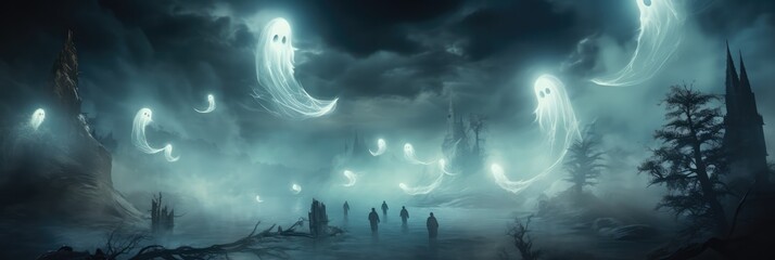 Ghostly Apparitions Floating In The Night Sky Halloween. Origins Of Ghostly Apparitions, Habits Behaviors Of Apparitions, Explanations For Apparitions