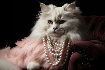 Glamorous Cat Looking Like A Diva In A Fur Stole And Pearls. ,Cats As Fashion Icons,,Fur Stoles As A Fashion Statement,,Pearls As Accessories,,Diva Cats,,Glamorous Cats,