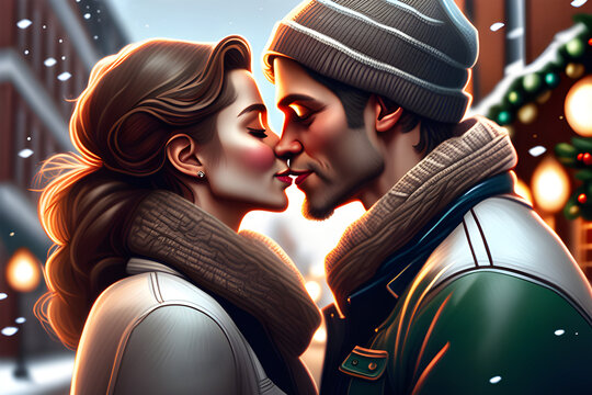 a picture of a man and woman in their 20s kissing on the street during Christmas Generative AI