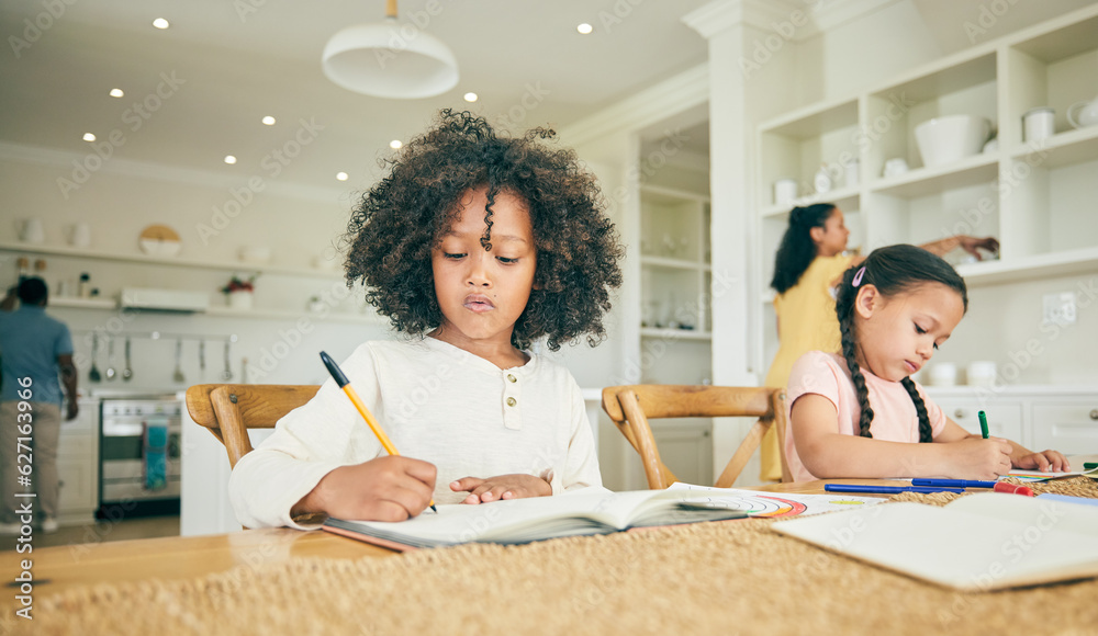 Poster children, writing and learning with homework in family home with book, pen or focus for development 