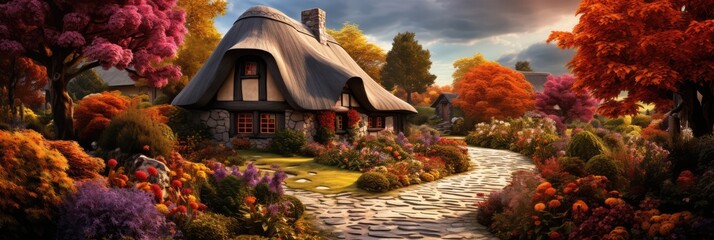 Quaint Cottage With A Thatched Roof And Autumn Garden. The Cozy Thatched Roof, Charming Cottage Layout, Blissful Autumn Garden, Diy Decorating Ideas