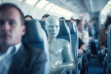 Fototapeta na wymiar Robot As A Man In An Aeroplane, Blurred People In The Background. Robots, Aeroplanes, Blurred People, Automation, Perception Of Reality, Identity, Interactions