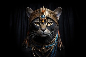 Fototapeta na wymiar Sophisticated Cat Looking Regal In An Egyptian Pharaohs Headdress. Elegant Feline, Pharaoh Hat, Cat Modeling, Luxe Fur Accessories, Egyptian Fashion, Crown Perfection