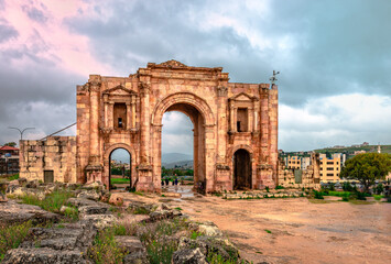 Hadrian’s Arch in Jerash, Jordan. Built in 129AD, this gate marks the ancient city’s boundaries. View from inside the ancient city.