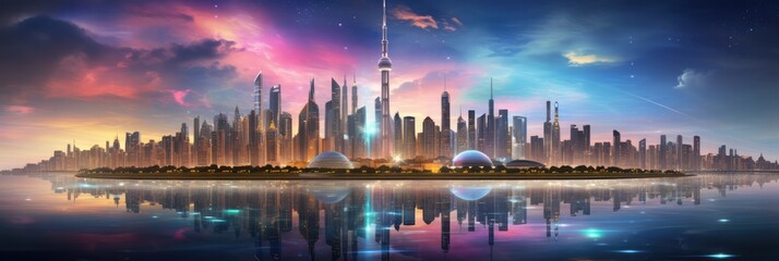 Vibrant City Skyline At Twilight, Lit Up With Dazzling City Lights. Luxury Cityscapes, Urban Living From Above, Captivating Nighttime Views, Electric Atmosphere