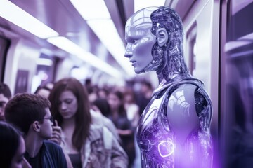 Robot As Human In Ferry , Purple Notes, . Robot As Human In Ferry, Purple Notes, Ai In Healthcare, Automated Cars, Digital Ethnography, Augmented Reality - obrazy, fototapety, plakaty