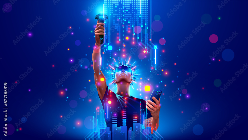 Aufkleber vr video game gamer with 3d gamepad, virtual reality headset glasses in cyberspace of metaverse. man