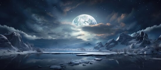 Naklejka na ściany i meble Forest, lake, mountains and a big night moon