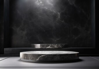 Dark stone podium for beauty and spa cosmetic brand product placement on black background 
