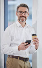 Phone, coffee and portrait of business man in communication, chat and corporate networking or planning. Professional entrepreneur, CEO or senior person on mobile app, internet or connection in office