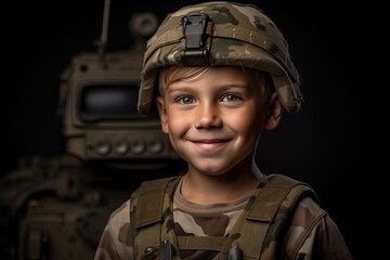 Portrait of a cute little boy in military uniform on dark background.Generative Ai