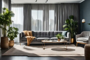 interior of gray walled living room with comfortable sofa center table carpet curtains potted plants while window sunlight illuminating place - obrazy, fototapety, plakaty