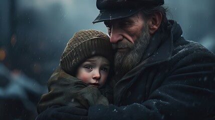 close up father and son hugging each other in cold winter weather, Photo Realistic Generative Ai