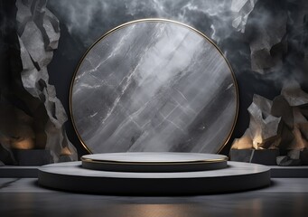 Dark stone podium for beauty and spa cosmetic brand product placement on black background 