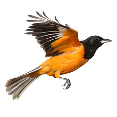 Baltimore Oriole in Flight, Blatimore Oriole, wild bird, bird watching, realistic illustration,
 side view, transparent background, png, generative ai