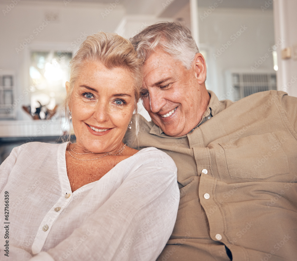 Sticker Old couple on couch, portrait and retirement together, love and care in marriage with people at home. Relax in living room, life partner and pension, man and woman bonding with trust and commitment