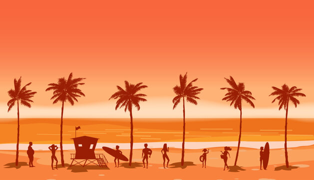 Beach landscape with Lifeguard Station, people on vacation. Palms, sea, ocean, coast view, sunset