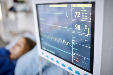Healthcare, monitor and heart rate in the hospital with a patient in recovery or in preparation of...