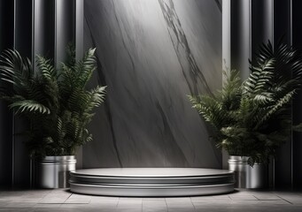 Luxurious empty product marble stone podium and forest green leaves on dark background. Concept scene stage for promotion, sale, presentation or cosmetic. AI Generative.
