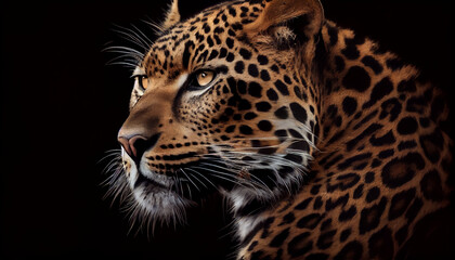 Obraz premium Close up Portrait of a leopard, Portrait of leopard on black background, Ai generated image 